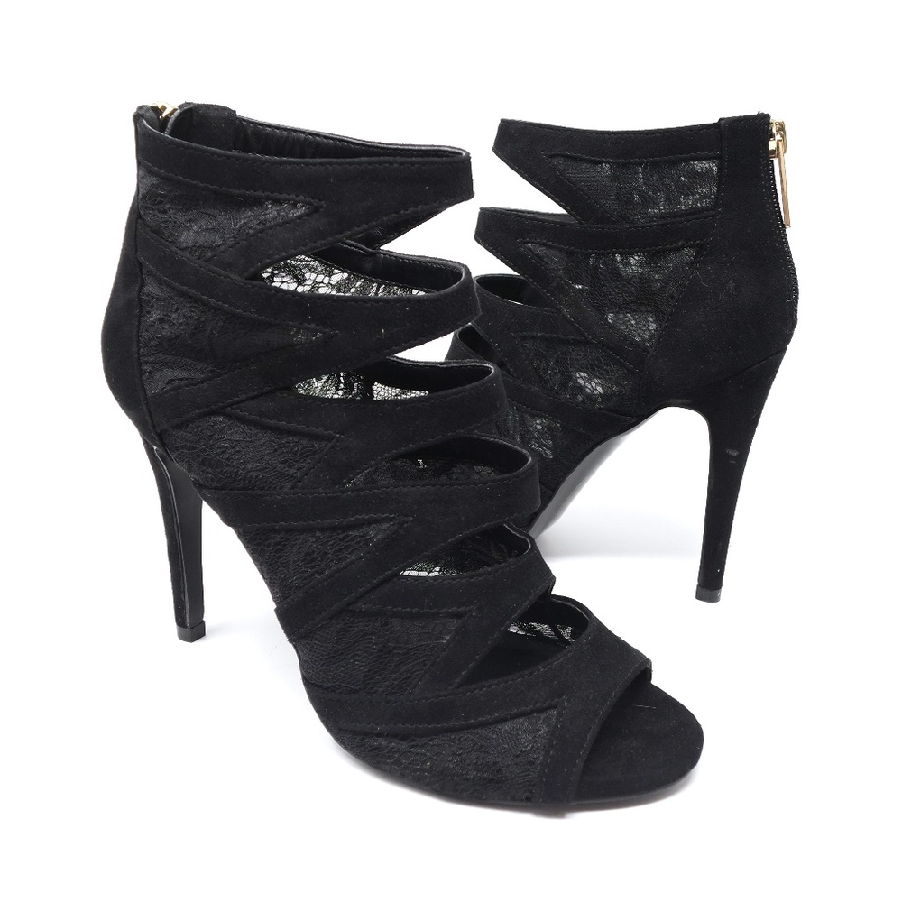 Aldo black lace open toe heels, ankle booties, 7.5